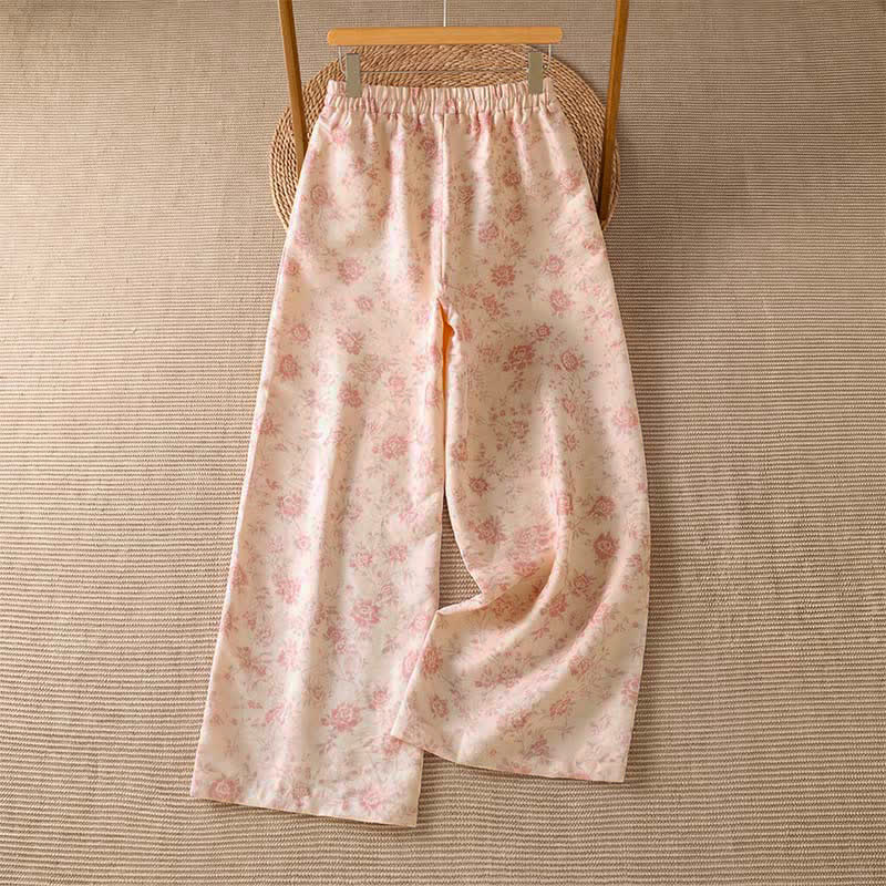 Buddha Stones Lässige lange Boho-Hose für Damen, rosa mit Blumenmuster, weites Bein und Taschen, ideal für Frühling und Sommer - image 1