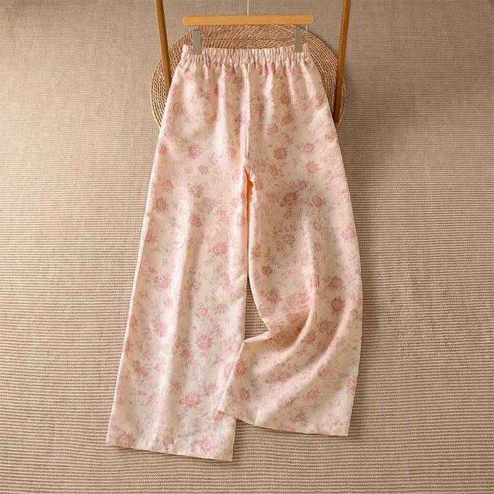 Buddha Stones Lässige lange Boho-Hose für Damen, rosa mit Blumenmuster, weites Bein und Taschen, ideal für Frühling und Sommer - image 1