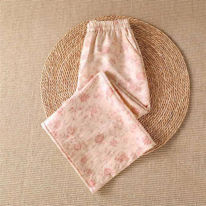 Buddha Stones Lässige lange Boho-Hose für Damen, rosa mit Blumenmuster, weites Bein und Taschen, ideal für Frühling und Sommer - image 2
