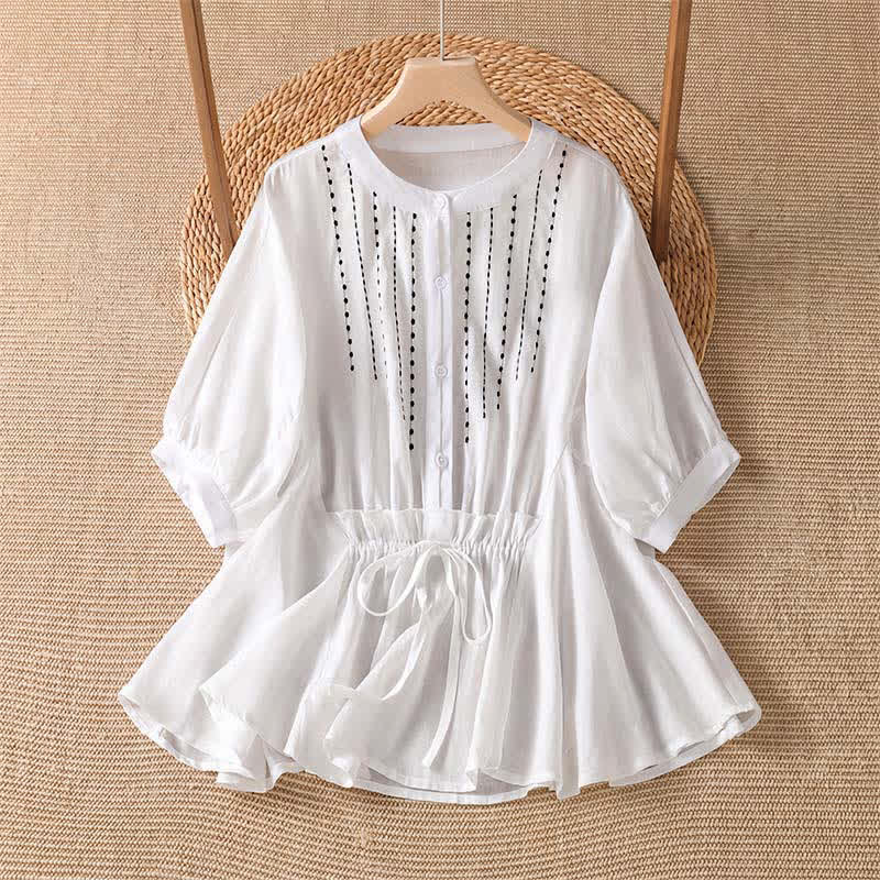 Buddha Stones Lässiges Sommerhemd im Boho-Stil mit Knopfleiste, Kordelzug, ausgestelltem Saum und kurzen Ärmeln für Damen. - Weiß - US8-10, UK/AU12-14, EU40-42 (2XL) - image 7