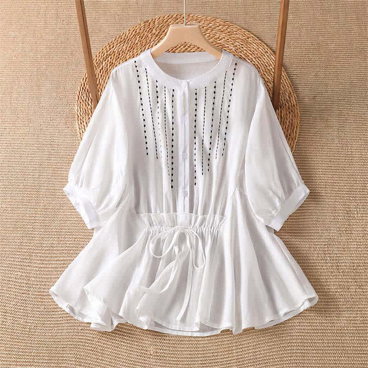 Buddha Stones Lässiges Sommerhemd im Boho-Stil mit Knopfleiste, Kordelzug, ausgestelltem Saum und kurzen Ärmeln für Damen. - Weiß - US8-10, UK/AU12-14, EU40-42 (2XL) - image 7