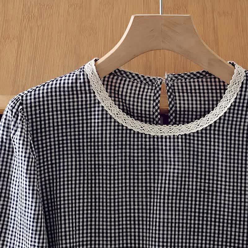 Buddha Stones Frühling Herbst Vintage Elegant Karo-Langarmshirt mit Spitzenbesatz für Damen - image 5
