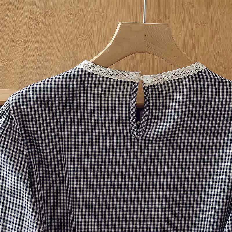 Buddha Stones Frühling Herbst Vintage Elegant Karo-Langarmshirt mit Spitzenbesatz für Damen - image 4