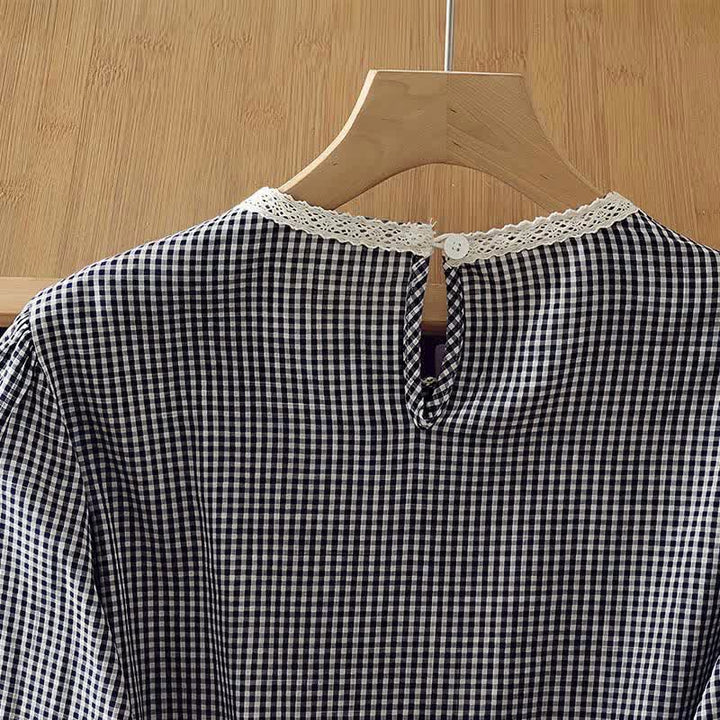 Buddha Stones Frühling Herbst Vintage Elegant Karo-Langarmshirt mit Spitzenbesatz für Damen - image 4
