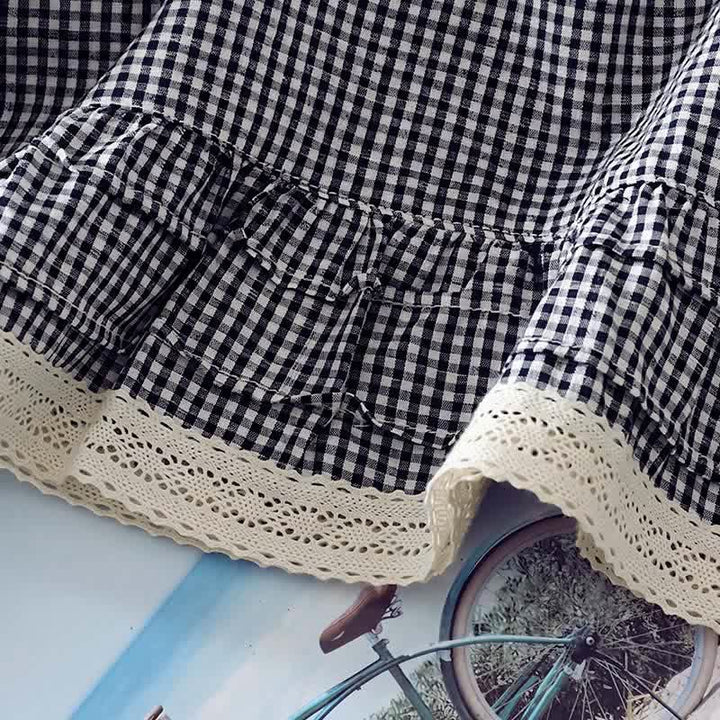 Buddha Stones Frühling Herbst Vintage Elegant Karo-Langarmshirt mit Spitzenbesatz für Damen - image 7