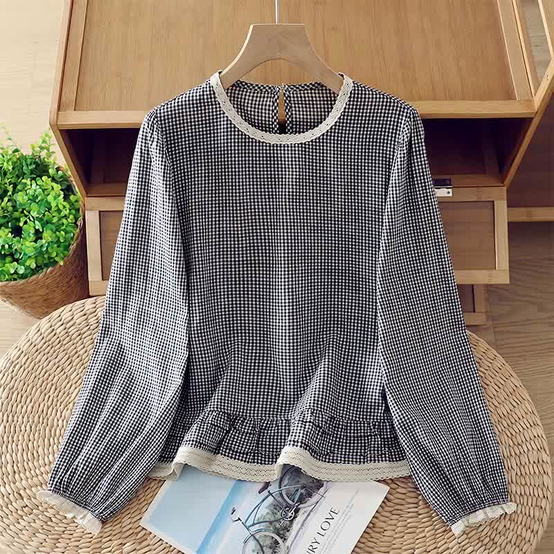 Buddha Stones Frühling Herbst Vintage Elegant Karo-Langarmshirt mit Spitzenbesatz für Damen - SteelBlue - US8-10, UK/AU12-14, EU40-42 (2XL) - image 0