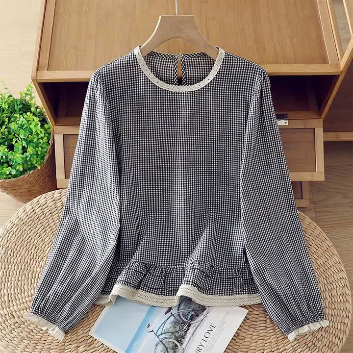 Buddha Stones Frühling Herbst Vintage Elegant Karo-Langarmshirt mit Spitzenbesatz für Damen - SteelBlue - US8-10, UK/AU12-14, EU40-42 (2XL) - image 0