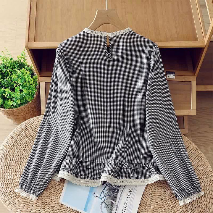 Buddha Stones Frühling Herbst Vintage Elegant Karo-Langarmshirt mit Spitzenbesatz für Damen - image 1