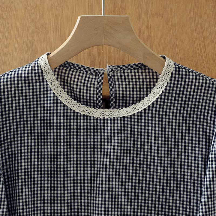 Buddha Stones Frühling Herbst Vintage Elegant Karo-Langarmshirt mit Spitzenbesatz für Damen - image 3