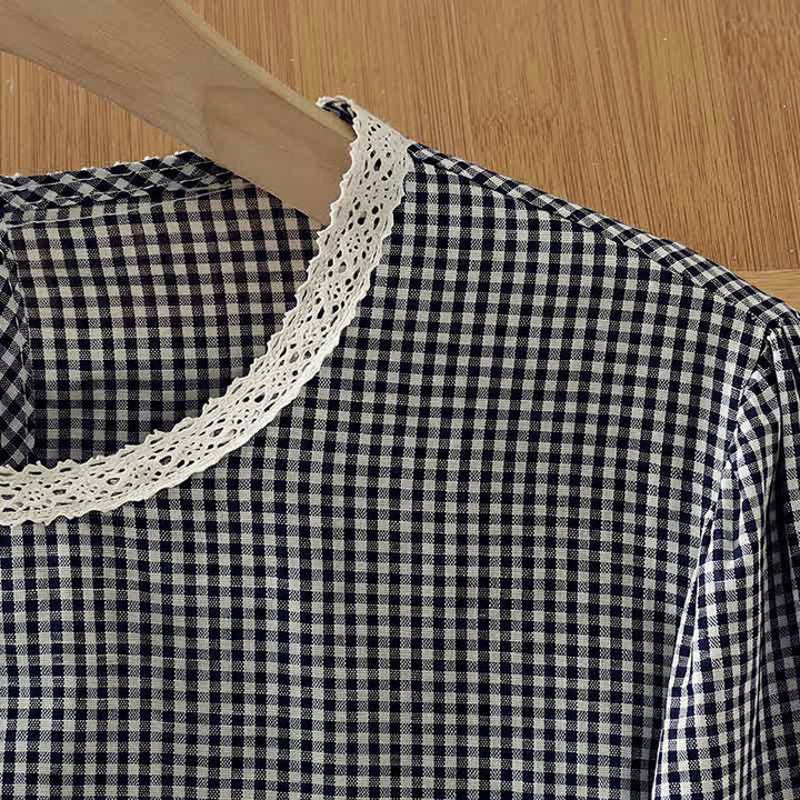 Buddha Stones Frühling Herbst Vintage Elegant Karo-Langarmshirt mit Spitzenbesatz für Damen - image 6
