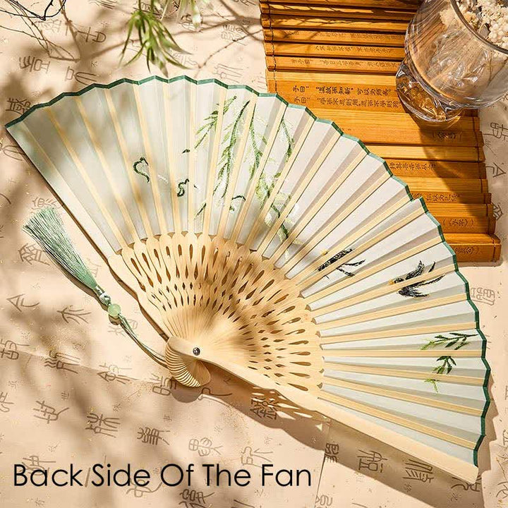 Buddha Stones Vintage Bambusfächer mit Orchideen-, Weiden- und Schwalbenmotiv, floralem Muster, Wachstumsquaste und Faltfächer - image 2