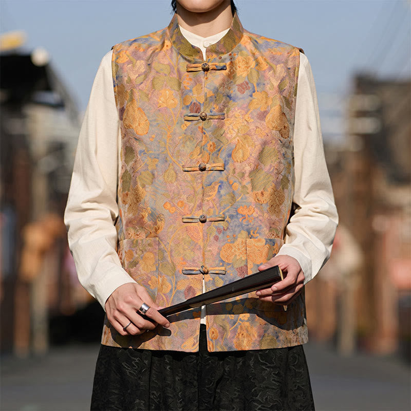 Buddha Stones Frühling Sommer Herbst Tang Style Vintage Mandarin Collar Frog Button Floral Herrenwesten mit Taschen - image 3