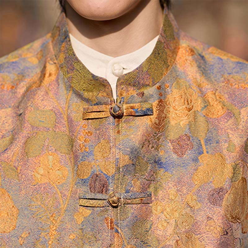 Buddha Stones Frühling Sommer Herbst Tang Style Vintage Mandarin Collar Frog Button Floral Herrenwesten mit Taschen - image 10