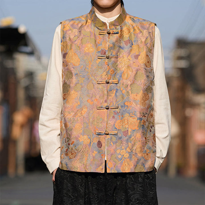 Buddha Stones Frühling Sommer Herbst Tang Style Vintage Mandarin Collar Frog Button Floral Herrenwesten mit Taschen - BurlyWood - US/UK/AU46, EU56 (5XL) - image 0