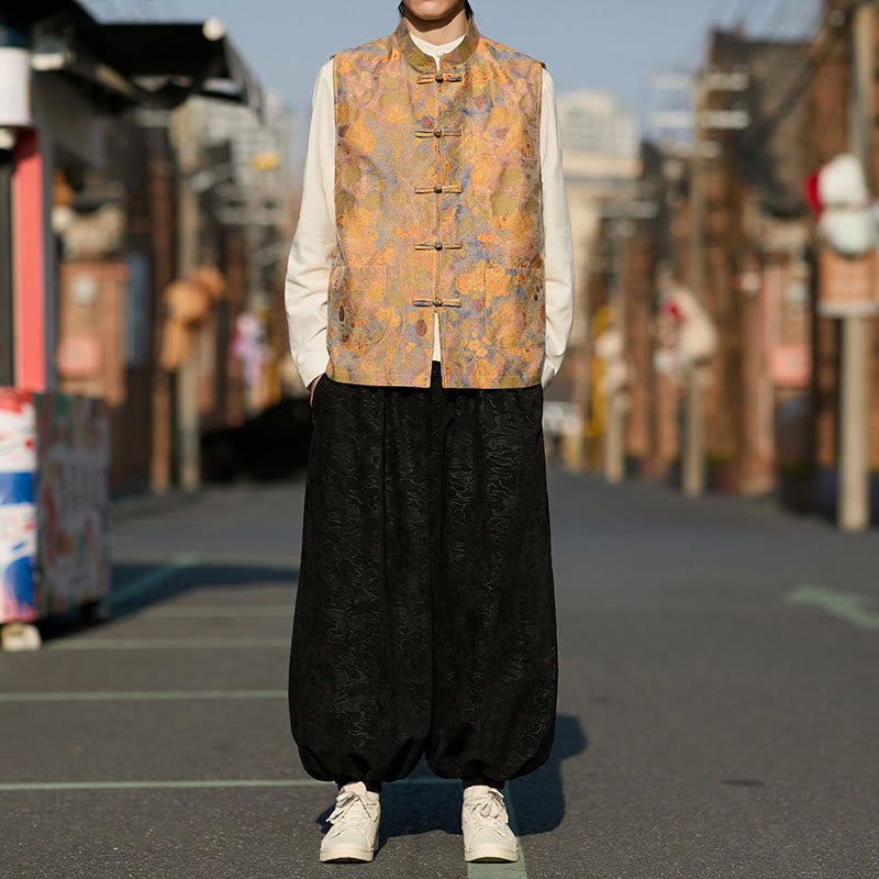 Buddha Stones Frühling Sommer Herbst Tang Style Vintage Mandarin Collar Frog Button Floral Herrenwesten mit Taschen - image 9