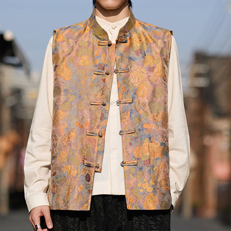 Buddha Stones Frühling Sommer Herbst Tang Style Vintage Mandarin Collar Frog Button Floral Herrenwesten mit Taschen - image 7