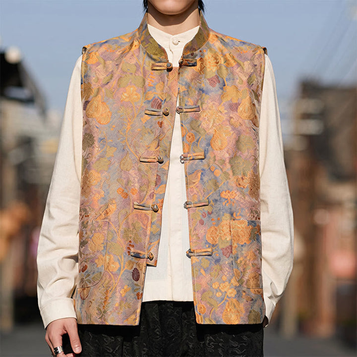 Buddha Stones Frühling Sommer Herbst Tang Style Vintage Mandarin Collar Frog Button Floral Herrenwesten mit Taschen - image 7