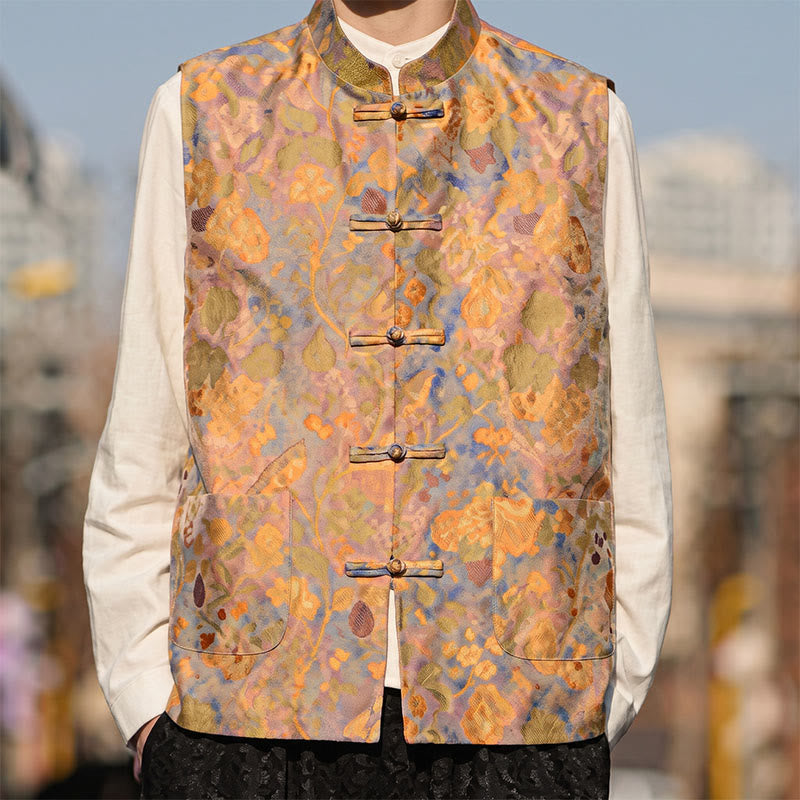 Buddha Stones Frühling Sommer Herbst Tang Style Vintage Mandarin Collar Frog Button Floral Herrenwesten mit Taschen - image 2