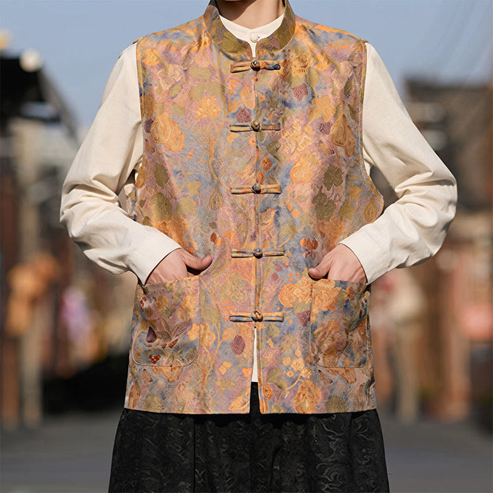 Buddha Stones Frühling Sommer Herbst Tang Style Vintage Mandarin Collar Frog Button Floral Herrenwesten mit Taschen - image 5
