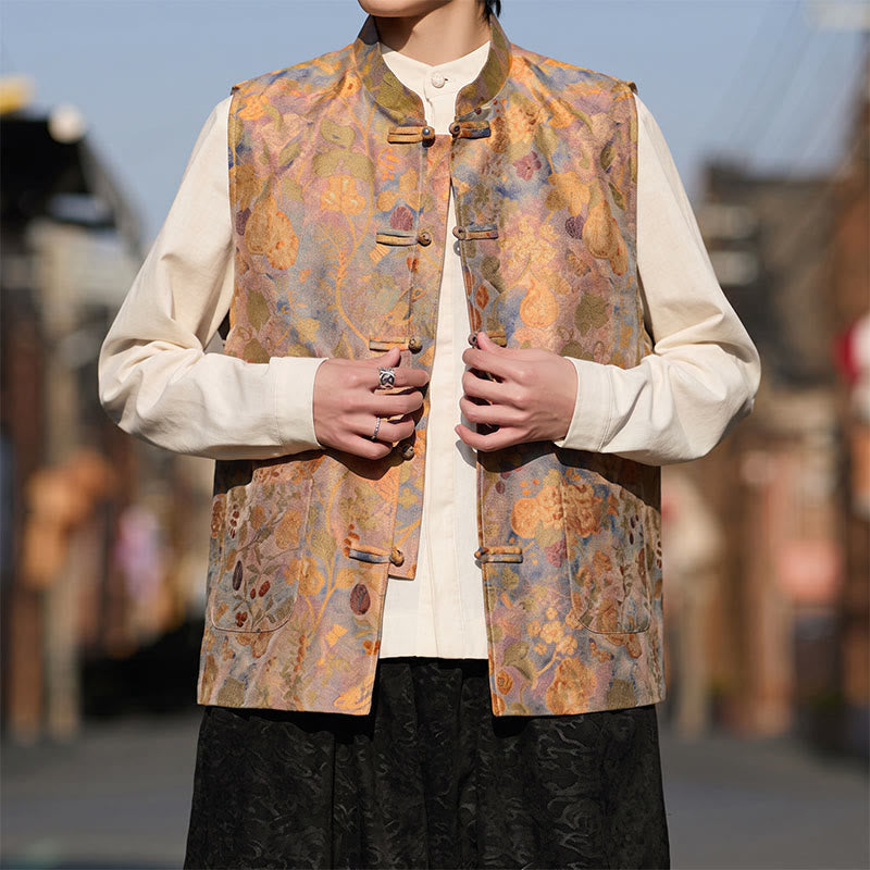 Buddha Stones Frühling Sommer Herbst Tang Style Vintage Mandarin Collar Frog Button Floral Herrenwesten mit Taschen - image 6