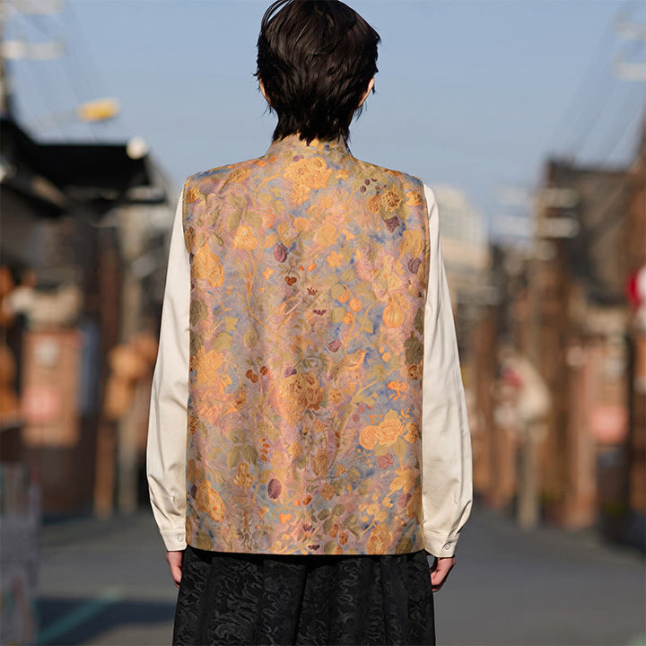 Buddha Stones Frühling Sommer Herbst Tang Style Vintage Mandarin Collar Frog Button Floral Herrenwesten mit Taschen - image 8