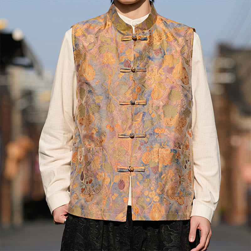 Buddha Stones Frühling Sommer Herbst Tang Style Vintage Mandarin Collar Frog Button Floral Herrenwesten mit Taschen - image 1