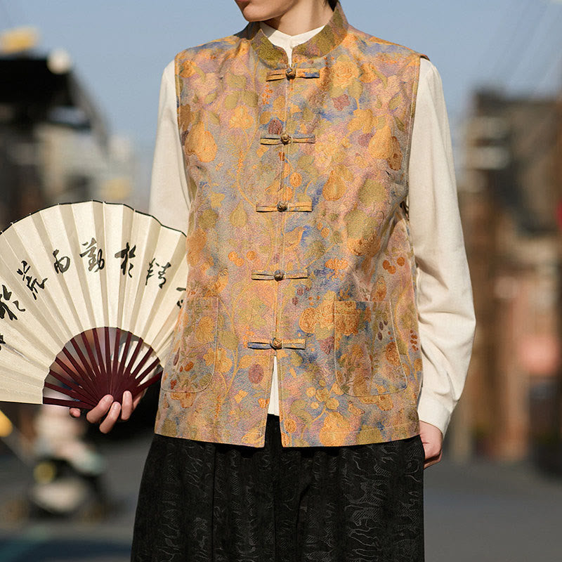 Buddha Stones Frühling Sommer Herbst Tang Style Vintage Mandarin Collar Frog Button Floral Herrenwesten mit Taschen - image 4