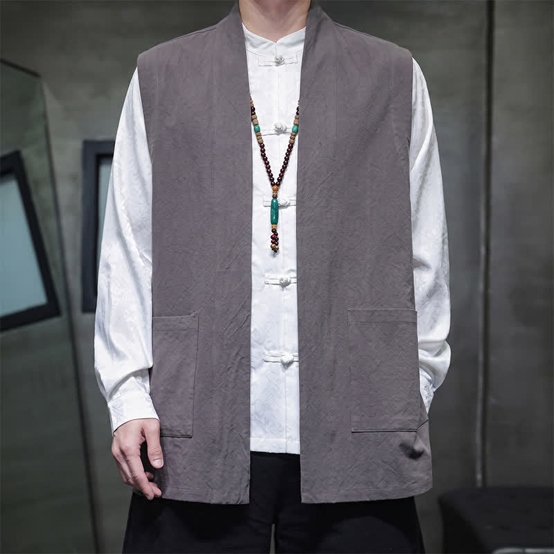 Buddha Stones Lässige Herrenweste aus einfarbiger Baumwolle im Tang-Stil mit aufgesetzter Tasche für Frühling, Sommer und Herbst. - Grau - US/UK/AU46, EU56 (5XL) - image 6