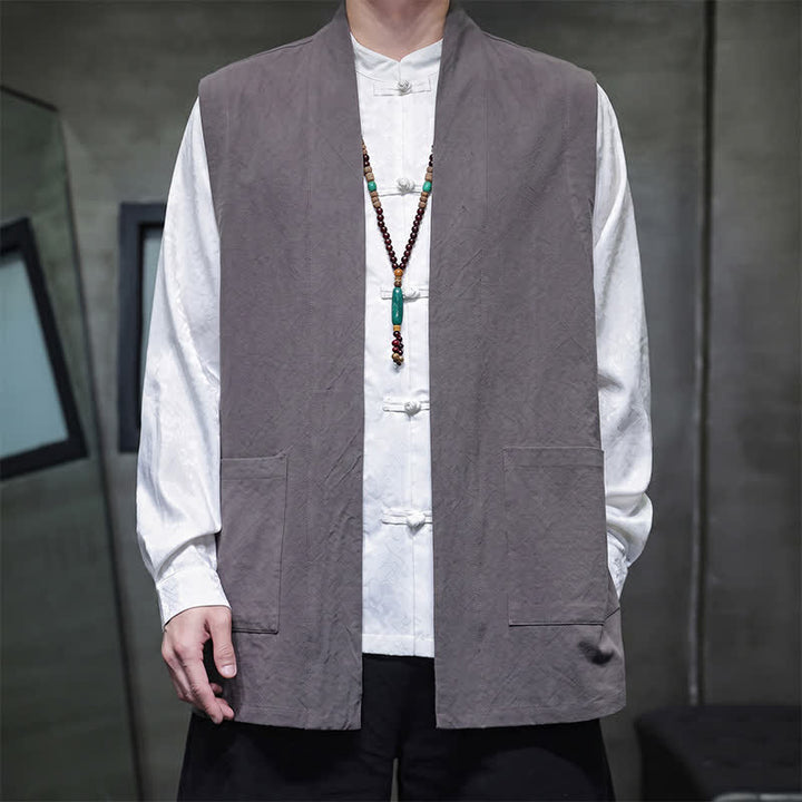 Buddha Stones Lässige Herrenweste aus einfarbiger Baumwolle im Tang-Stil mit aufgesetzter Tasche für Frühling, Sommer und Herbst. - Grau - US/UK/AU46, EU56 (5XL) - image 6