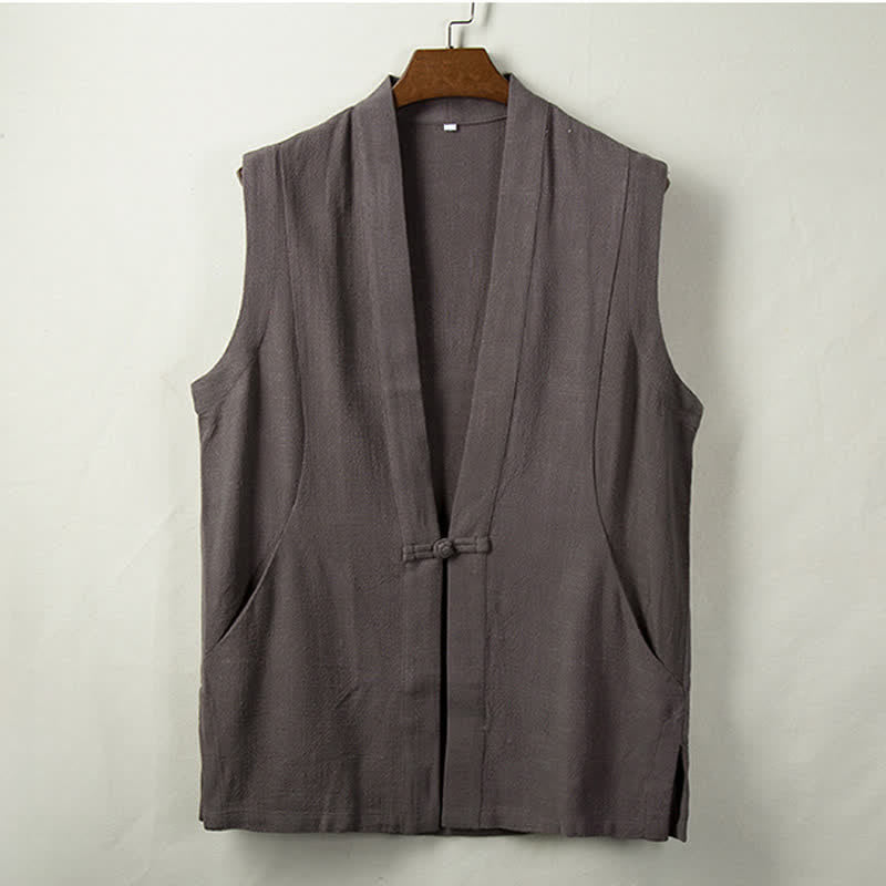 Buddha Stones Frühling, Sommer, Herbst: Minimalistische Herrenweste im Tang-Stil mit Froschknopfverschluss aus einfarbigem Baumwoll-Leinen-Mischgewebe und Tasche - DimGray - US/UK/AU44, EU54 (4XL) - image 0