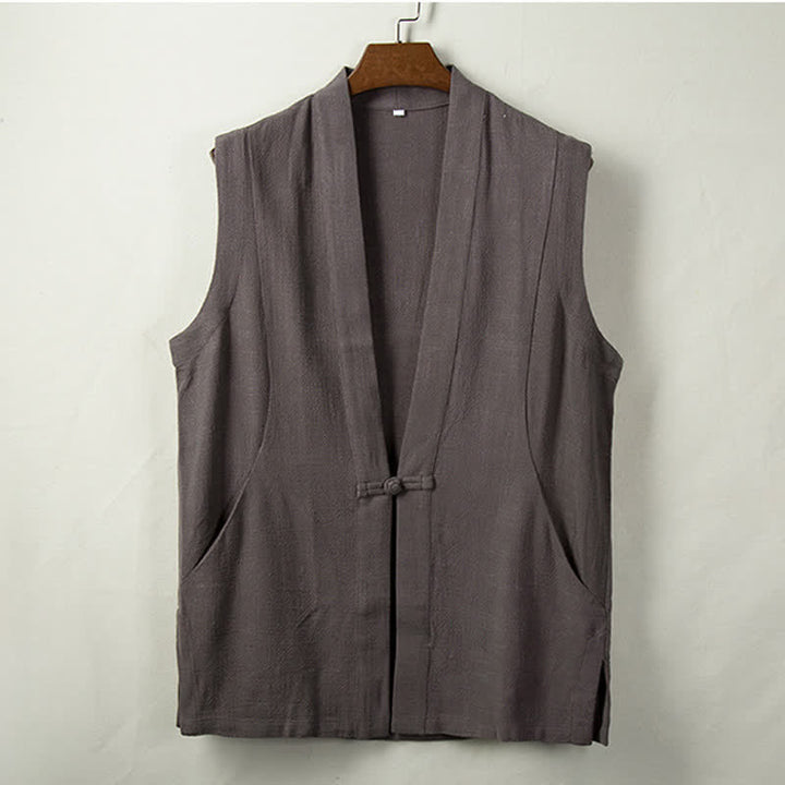 Buddha Stones Frühling, Sommer, Herbst: Minimalistische Herrenweste im Tang-Stil mit Froschknopfverschluss aus einfarbigem Baumwoll-Leinen-Mischgewebe und Tasche - DimGray - US/UK/AU44, EU54 (4XL) - image 0