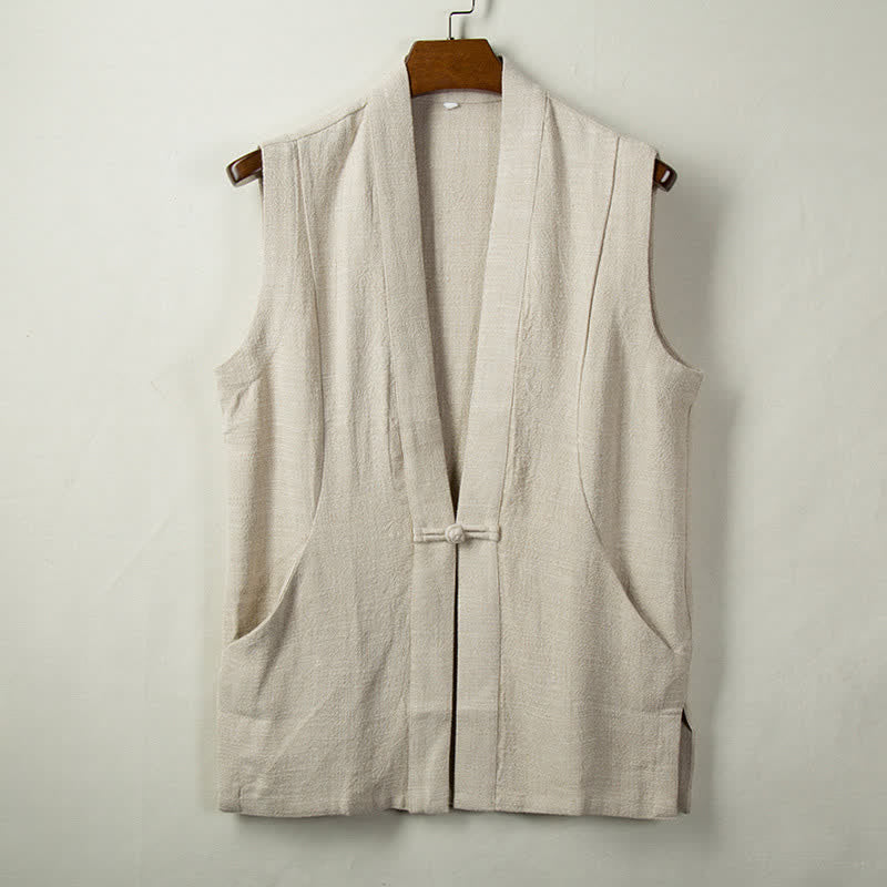 Buddha Stones Frühling, Sommer, Herbst: Minimalistische Herrenweste im Tang-Stil mit Froschknopfverschluss aus einfarbigem Baumwoll-Leinen-Mischgewebe und Tasche - Beige - US/UK/AU44, EU54 (4XL) - image 6