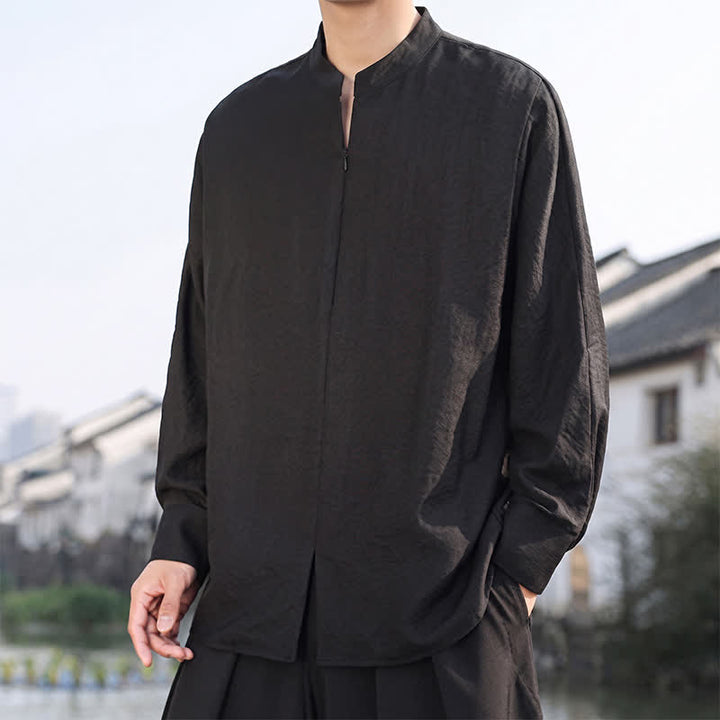 Buddha Stones Lässige, minimalistische Herren-Langarmhemden im Tang-Stil mit Stehkragen für Frühling und Sommer - image 13