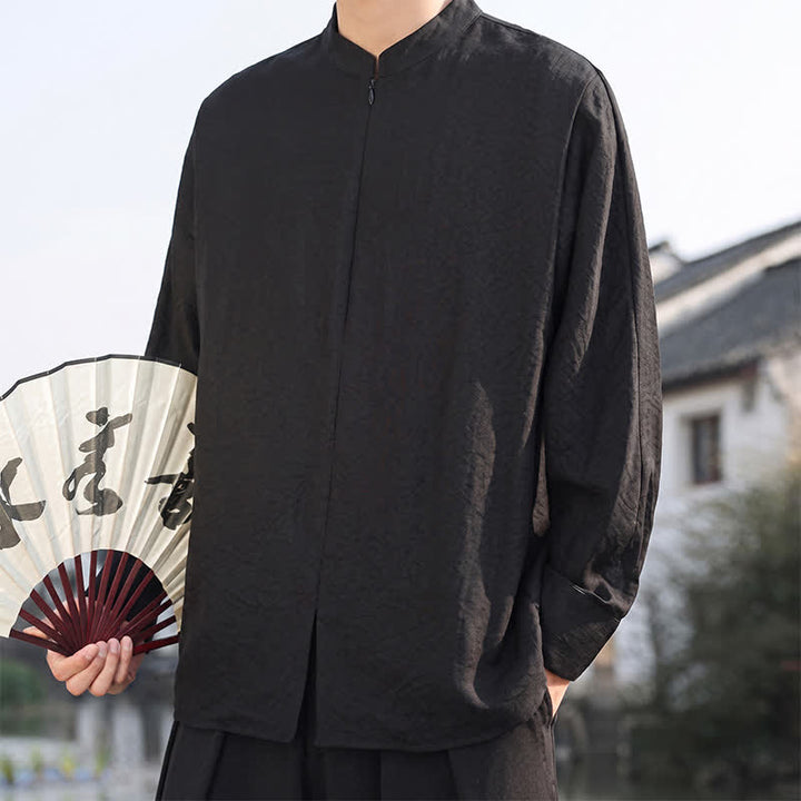 Buddha Stones Lässige, minimalistische Herren-Langarmhemden im Tang-Stil mit Stehkragen für Frühling und Sommer - image 15
