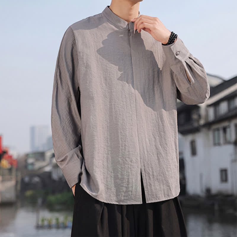 Buddha Stones Lässige, minimalistische Herren-Langarmhemden im Tang-Stil mit Stehkragen für Frühling und Sommer - image 2