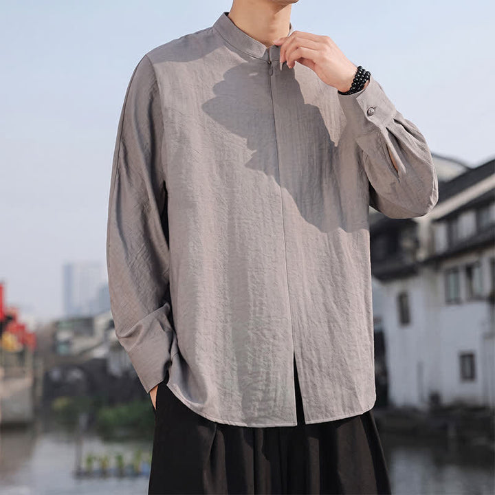 Buddha Stones Lässige, minimalistische Herren-Langarmhemden im Tang-Stil mit Stehkragen für Frühling und Sommer - image 2