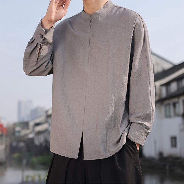 Buddha Stones Lässige, minimalistische Herren-Langarmhemden im Tang-Stil mit Stehkragen für Frühling und Sommer - Dunkelgrau - US/UK/AU46, EU56 (5XL) - image 0