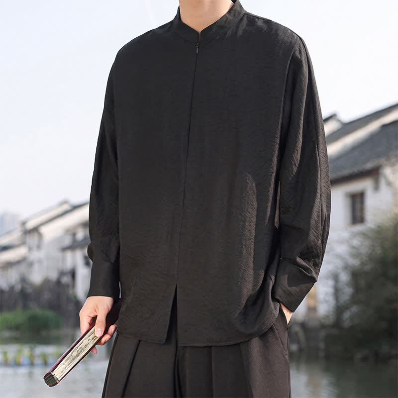 Buddha Stones Lässige, minimalistische Herren-Langarmhemden im Tang-Stil mit Stehkragen für Frühling und Sommer - image 14