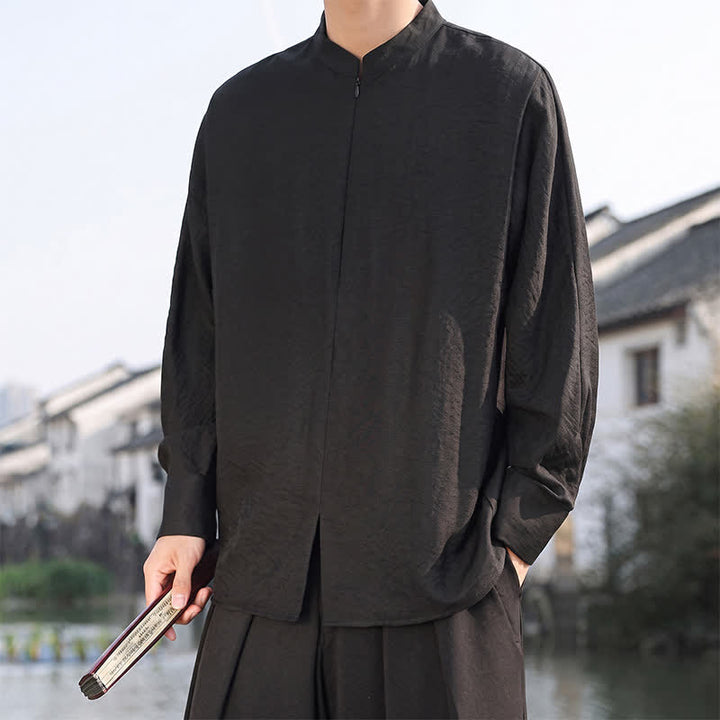 Buddha Stones Lässige, minimalistische Herren-Langarmhemden im Tang-Stil mit Stehkragen für Frühling und Sommer - image 14