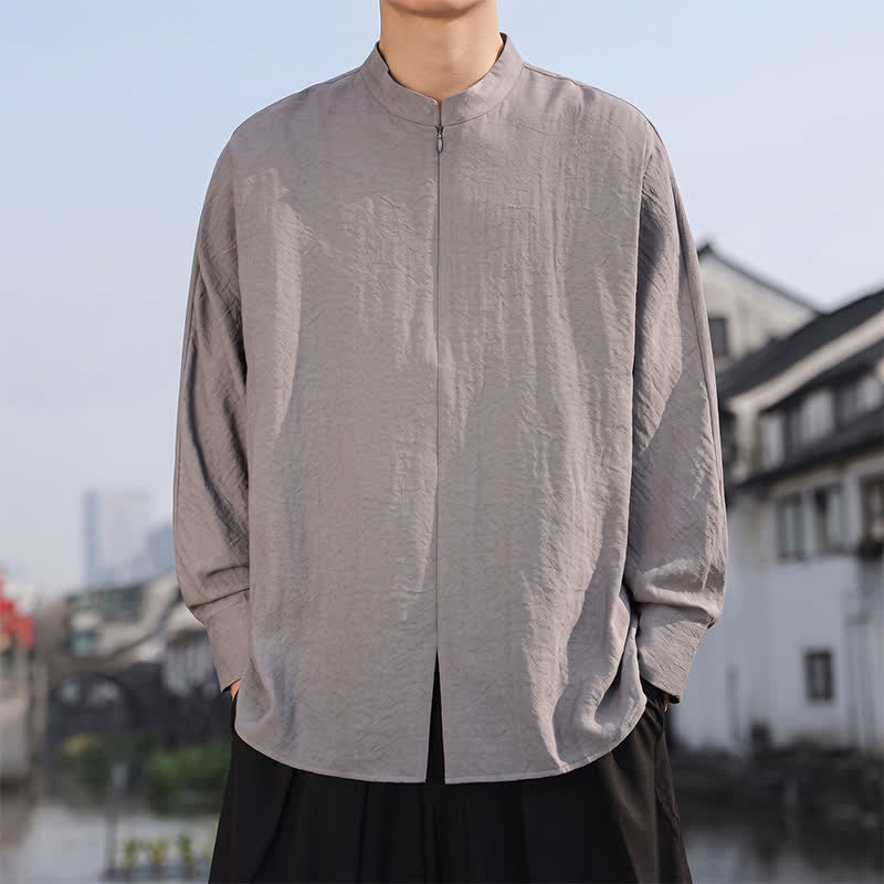 Buddha Stones Lässige, minimalistische Herren-Langarmhemden im Tang-Stil mit Stehkragen für Frühling und Sommer - image 1