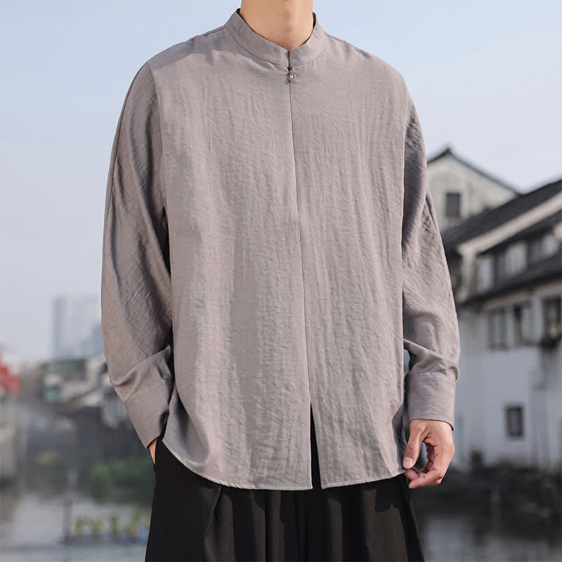 Buddha Stones Lässige, minimalistische Herren-Langarmhemden im Tang-Stil mit Stehkragen für Frühling und Sommer - image 3