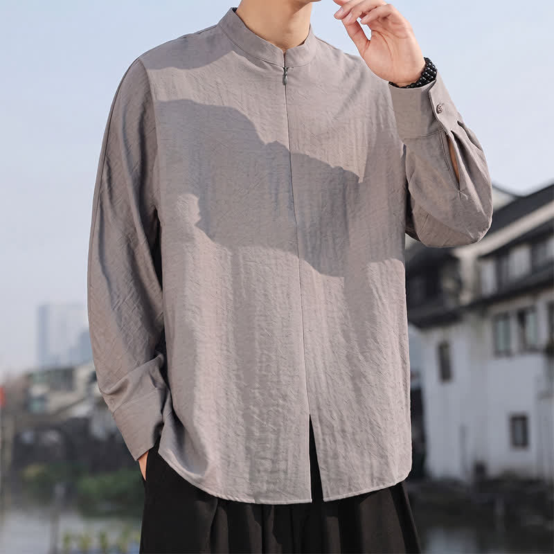 Buddha Stones Lässige, minimalistische Herren-Langarmhemden im Tang-Stil mit Stehkragen für Frühling und Sommer - image 5