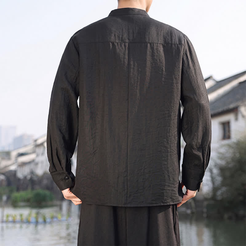 Buddha Stones Lässige, minimalistische Herren-Langarmhemden im Tang-Stil mit Stehkragen für Frühling und Sommer - image 17