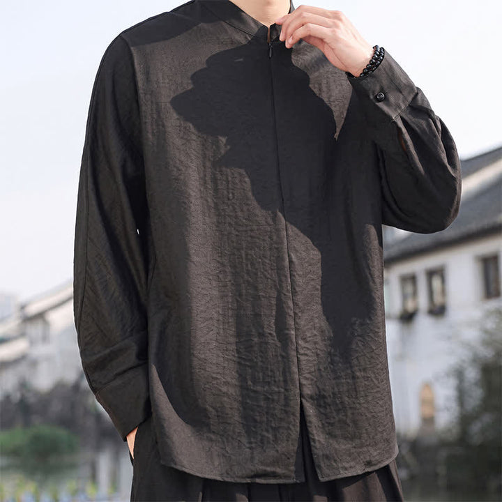 Buddha Stones Lässige, minimalistische Herren-Langarmhemden im Tang-Stil mit Stehkragen für Frühling und Sommer - image 12