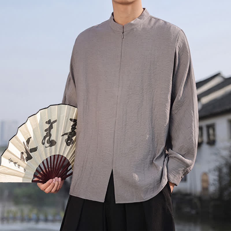 Buddha Stones Lässige, minimalistische Herren-Langarmhemden im Tang-Stil mit Stehkragen für Frühling und Sommer - image 6