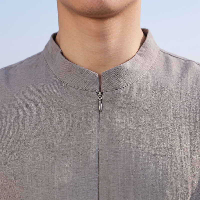 Buddha Stones Lässige, minimalistische Herren-Langarmhemden im Tang-Stil mit Stehkragen für Frühling und Sommer - image 8