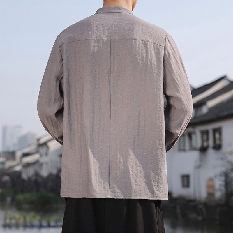Buddha Stones Lässige, minimalistische Herren-Langarmhemden im Tang-Stil mit Stehkragen für Frühling und Sommer - image 7