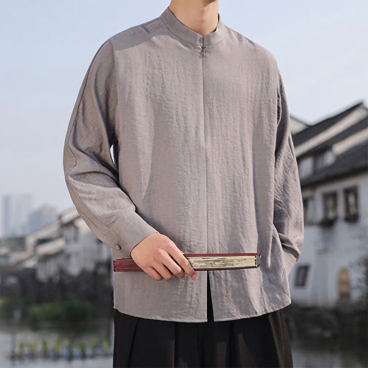 Buddha Stones Lässige, minimalistische Herren-Langarmhemden im Tang-Stil mit Stehkragen für Frühling und Sommer - image 4