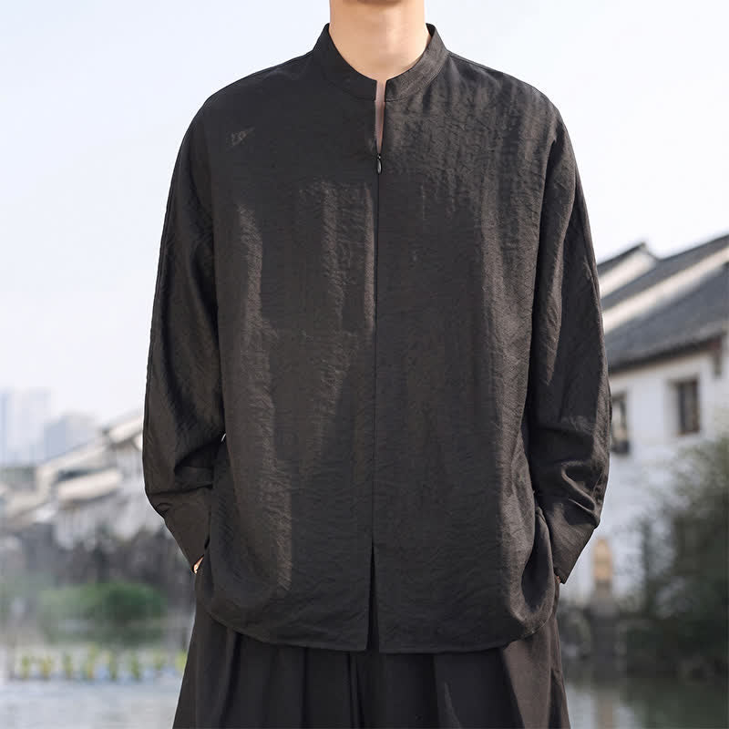 Buddha Stones Lässige, minimalistische Herren-Langarmhemden im Tang-Stil mit Stehkragen für Frühling und Sommer - Schwarz - US/UK/AU46, EU56 (5XL) - image 10