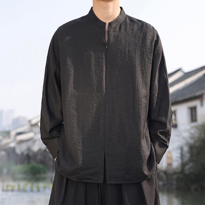 Buddha Stones Lässige, minimalistische Herren-Langarmhemden im Tang-Stil mit Stehkragen für Frühling und Sommer - Schwarz - US/UK/AU46, EU56 (5XL) - image 10